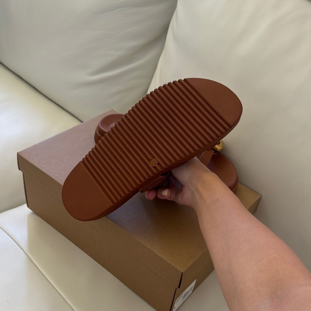 Steve Madden Margey Sandals— Tan Sandals with Gold Buckle - Picture 3 of 3